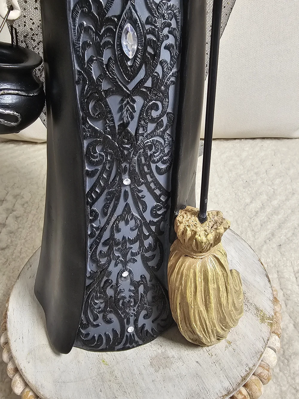 Elegant Gothic Witch Figurine Halloween Decor Black Gold Tulle Gown Broom